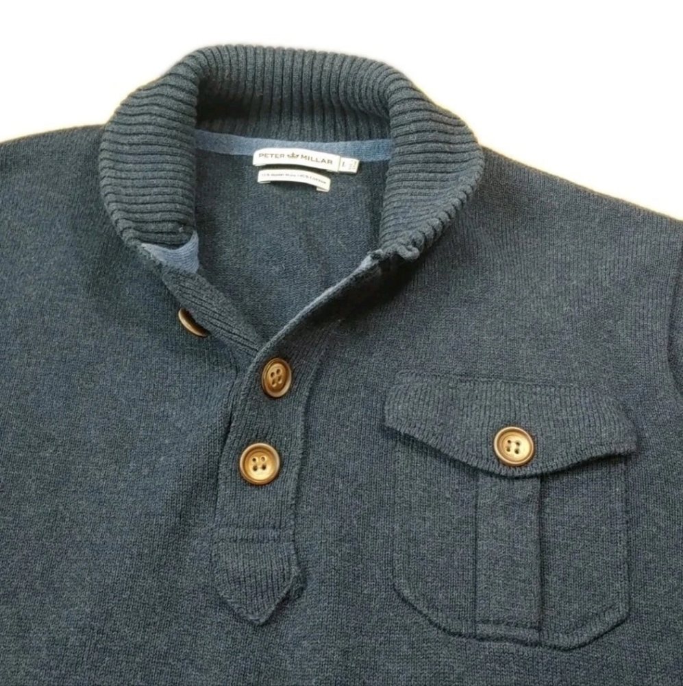 Peter Millar Italian Merino Wool Henley Sweater Men Lg Blue Knit Elbow Patches